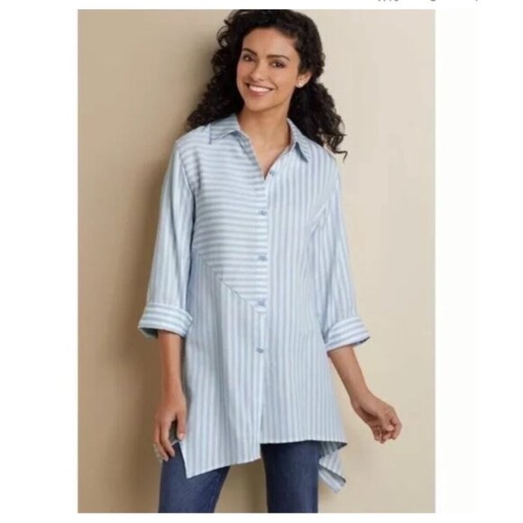 Soft Surroundings Stripe Square Button Tunic Top Button Front and Back Tencel XL - Picture 1 of 11
